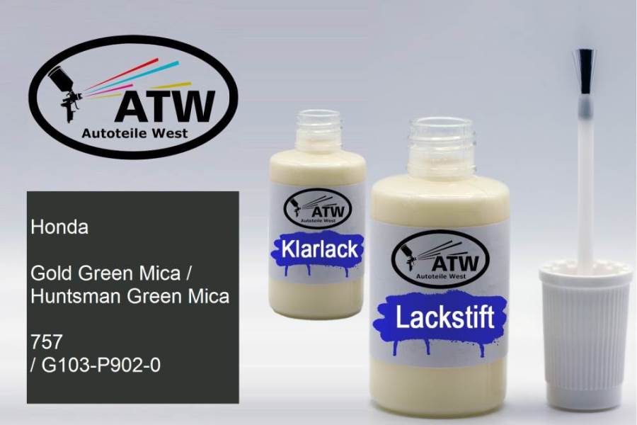 Honda, Gold Green Mica / Huntsman Green Mica, 757 / G103-P902-0: 20ml Lackstift + 20ml Klarlack - Set, von ATW Autoteile West.